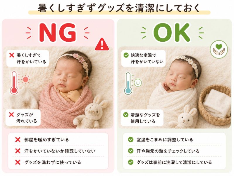 暑くしすぎずグッズを清潔にしておく
