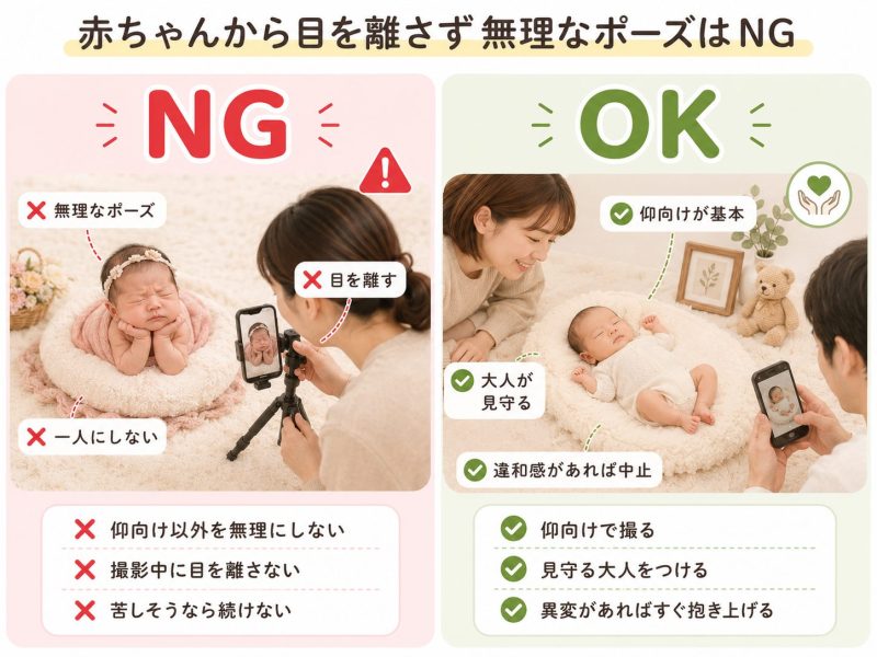 赤ちゃんから目を離さず無理なポーズはNG
