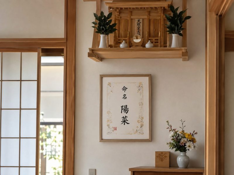 神棚の近くに命名書を飾る